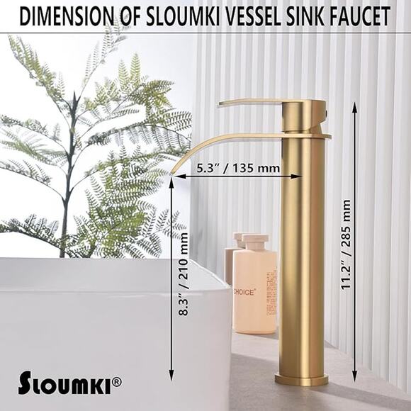 Brushed Gold Vessel Sink Faucet, Bathroom Sink Faucet, High Waterfall Faucet - Picture 3 of 7